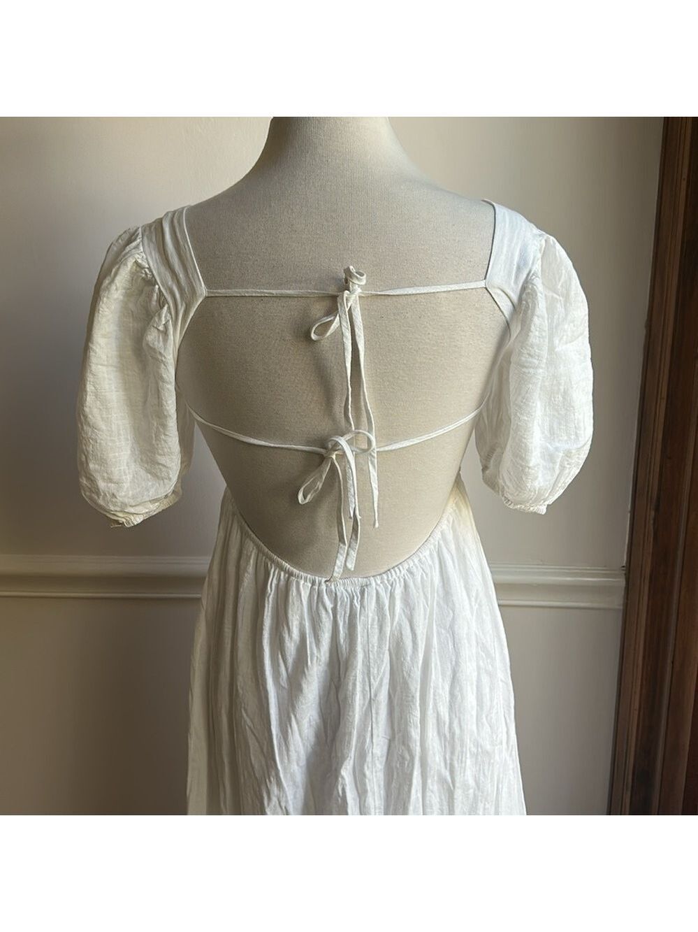 Reverse White Smock Midi Dress open Tie Back Puff Sleeves
